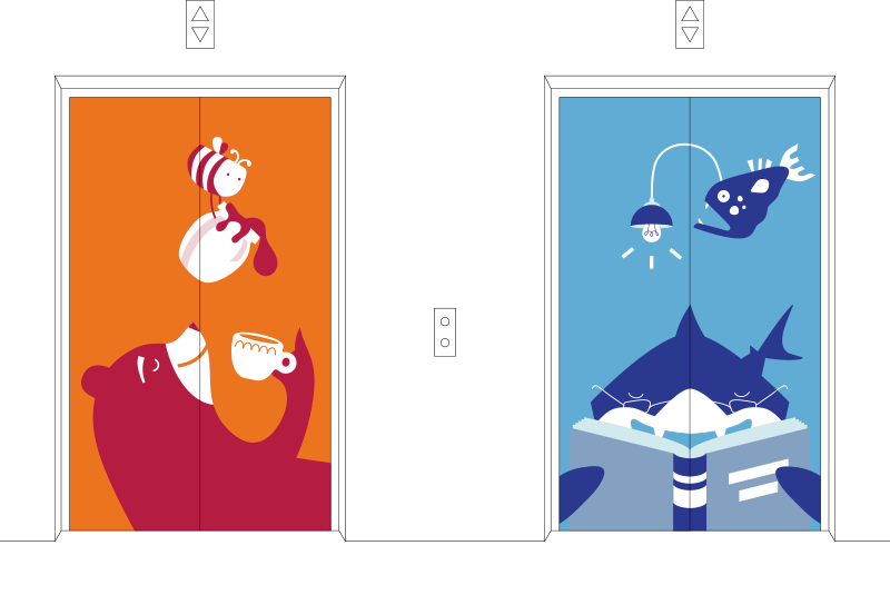Dignity Health pediatric hospital elevator door illustrations featuring bear and shark