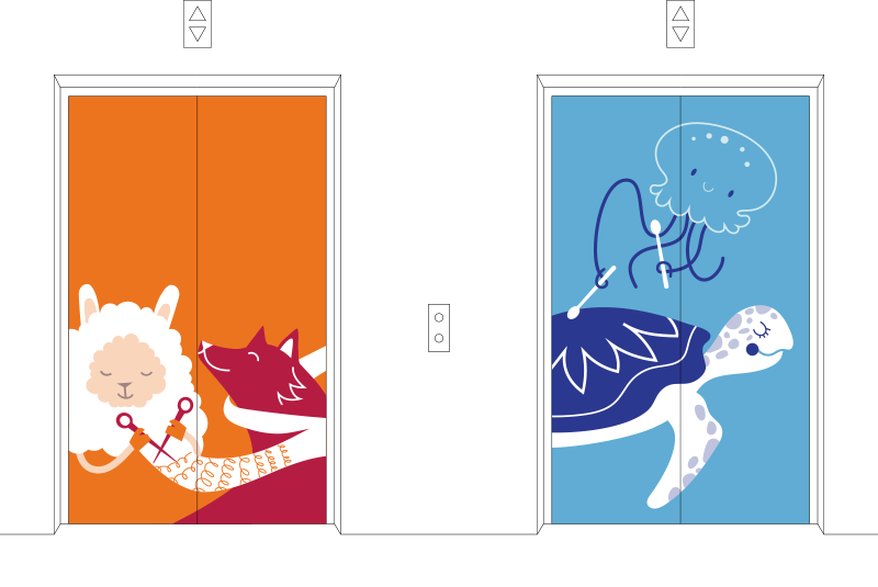 Dignity Health pediatric hospital elevator door illustrations featuring sheep and turtle