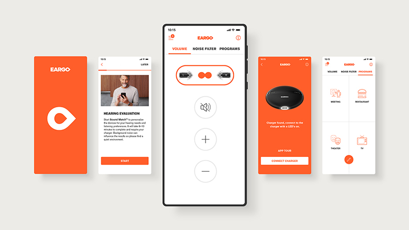 Eargo 5 mobile app interface screens showing user interface design and functionality