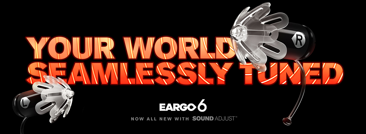 Eargo 6 product launch hero image featuring the new hearing aid with brand campaign visuals