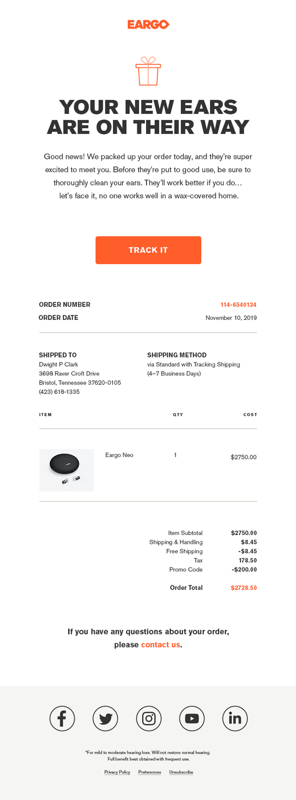 Branded Eargo email designs supporting the full customer lifecycle—from onboarding to purchase to ongoing updates