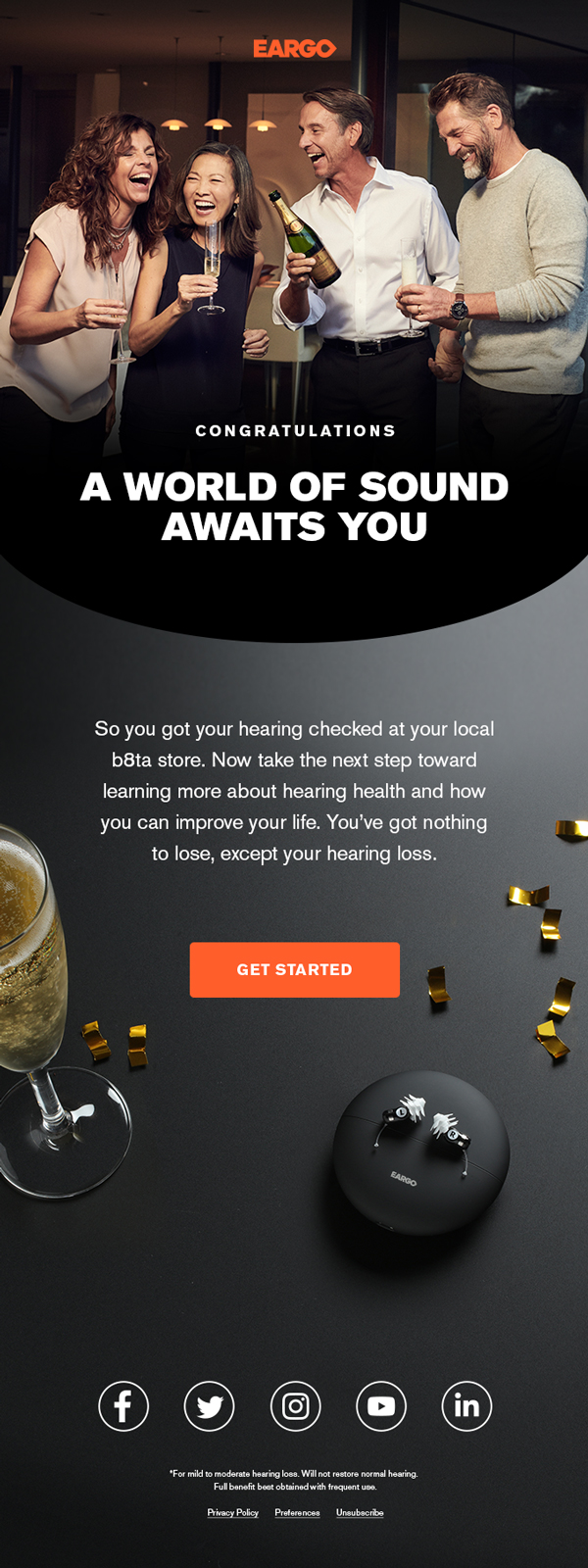 Branded Eargo email designs supporting the full customer lifecycle—from onboarding to purchase to ongoing updates