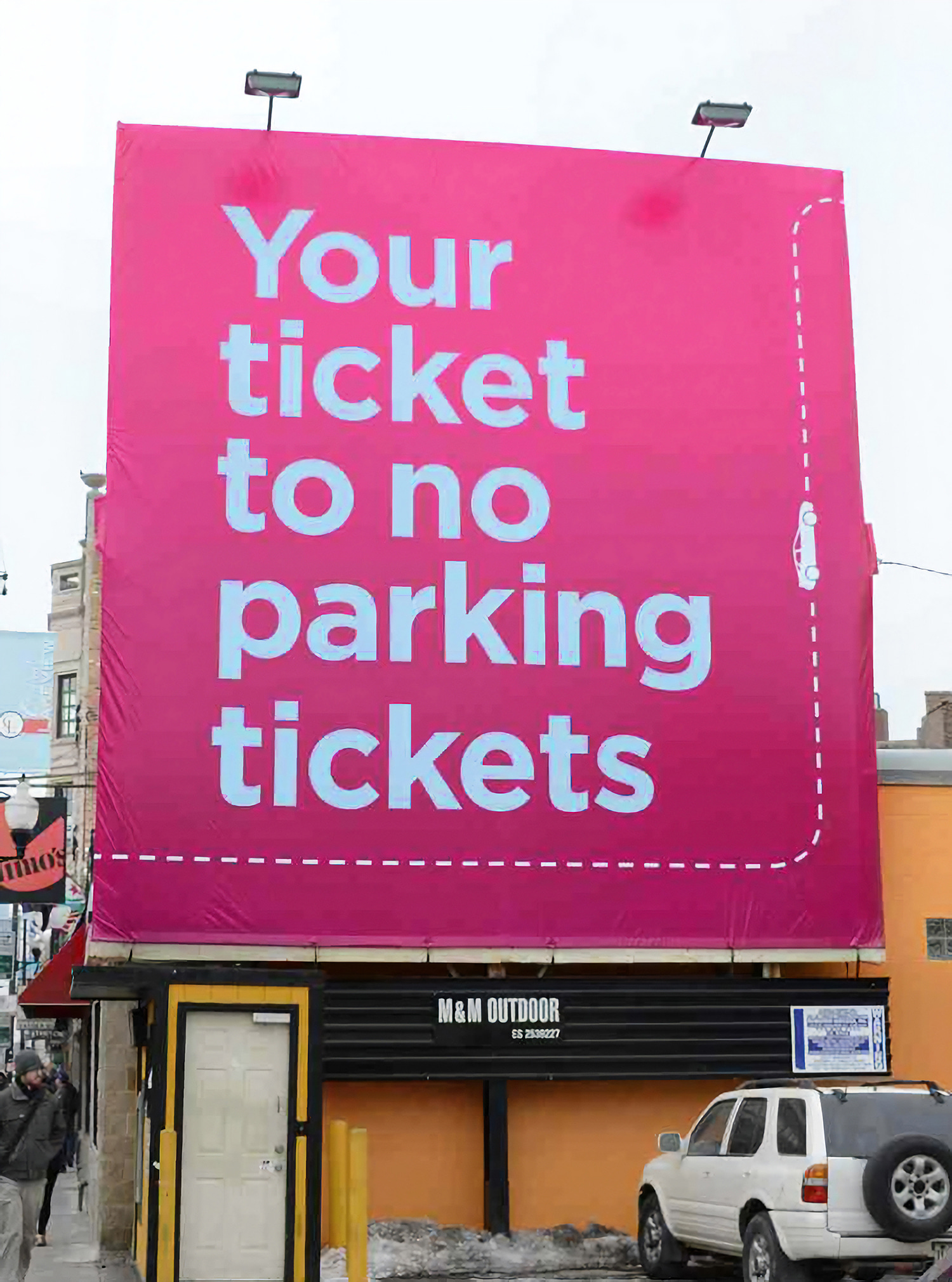 Lyft billboard advertisement in Chicago featuring Driving You Happy campaign with playful illustration and brand messaging