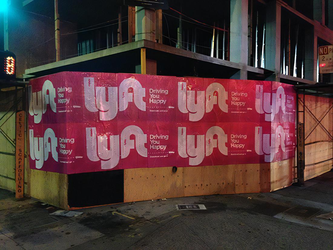 Lyft guerilla marketing wild posting advertisements featuring Driving You Happy campaign with playful illustration system