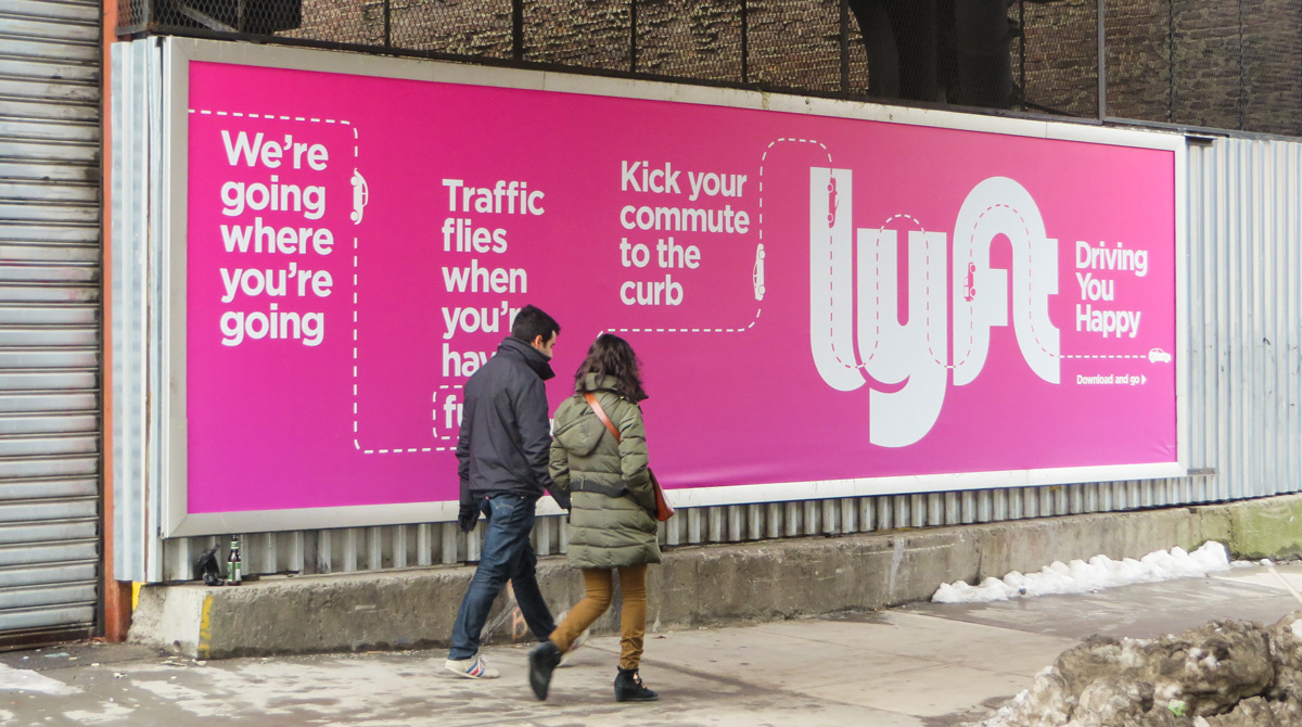 Lyft wild posting advertisement in Highline New York featuring Driving You Happy campaign with playful illustration system