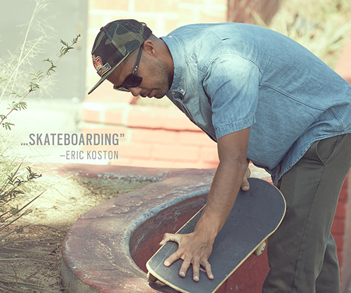Frame two of a sequential Oakley digital ad campaign featuring Eric Koston holding a skateboard beside the quote ‘…Skateboarding’