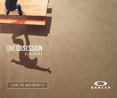 Frame three of a sequential Oakley digital ad campaign showing Eric Koston doing a skateboard trick on an outdoor table bench with the tagline ‘One Obsession #LiveYours’