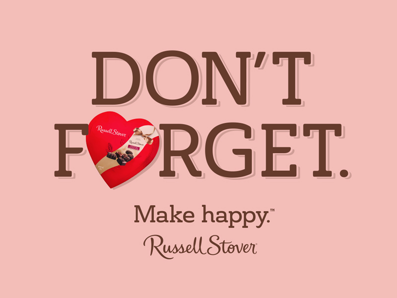 Russell Stover Don't Forget Valentine's Day campaign key visual featuring heart-shaped chocolate box