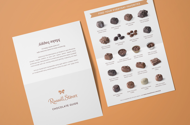 Russell Stover chocolate guide print card showing flavor profiles and chocolate selection information