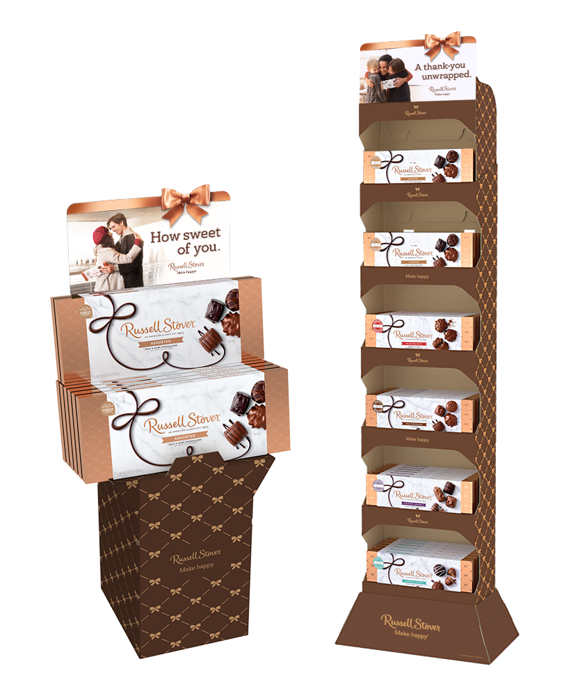 Russell Stover in-store floorstand display unit featuring the refreshed Make Happy brand identity