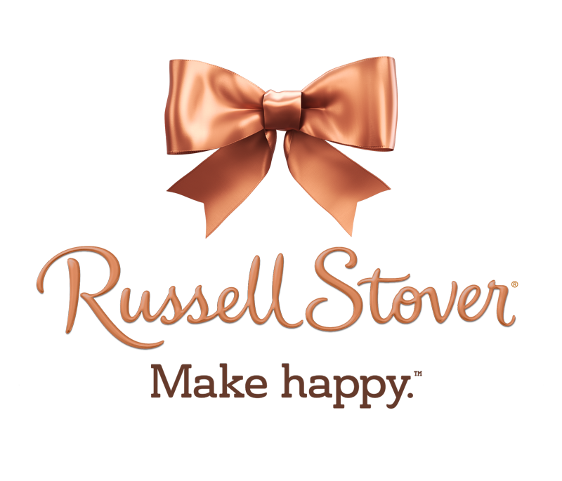 Russell Stover refreshed logo design featuring the Make Happy tagline with copper decorative bow element
