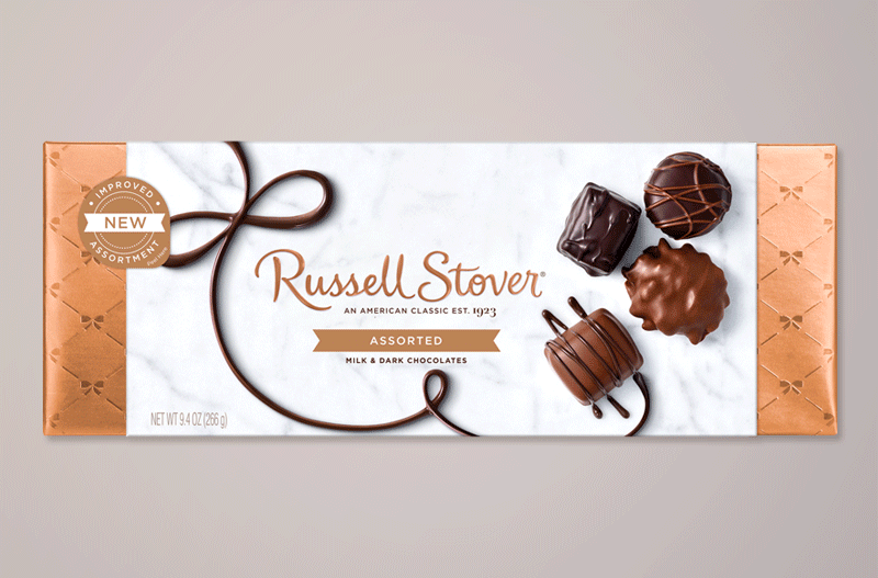 Russell Stover refreshed packaging design featuring copper accents inspired by traditional chocolate-making kettles