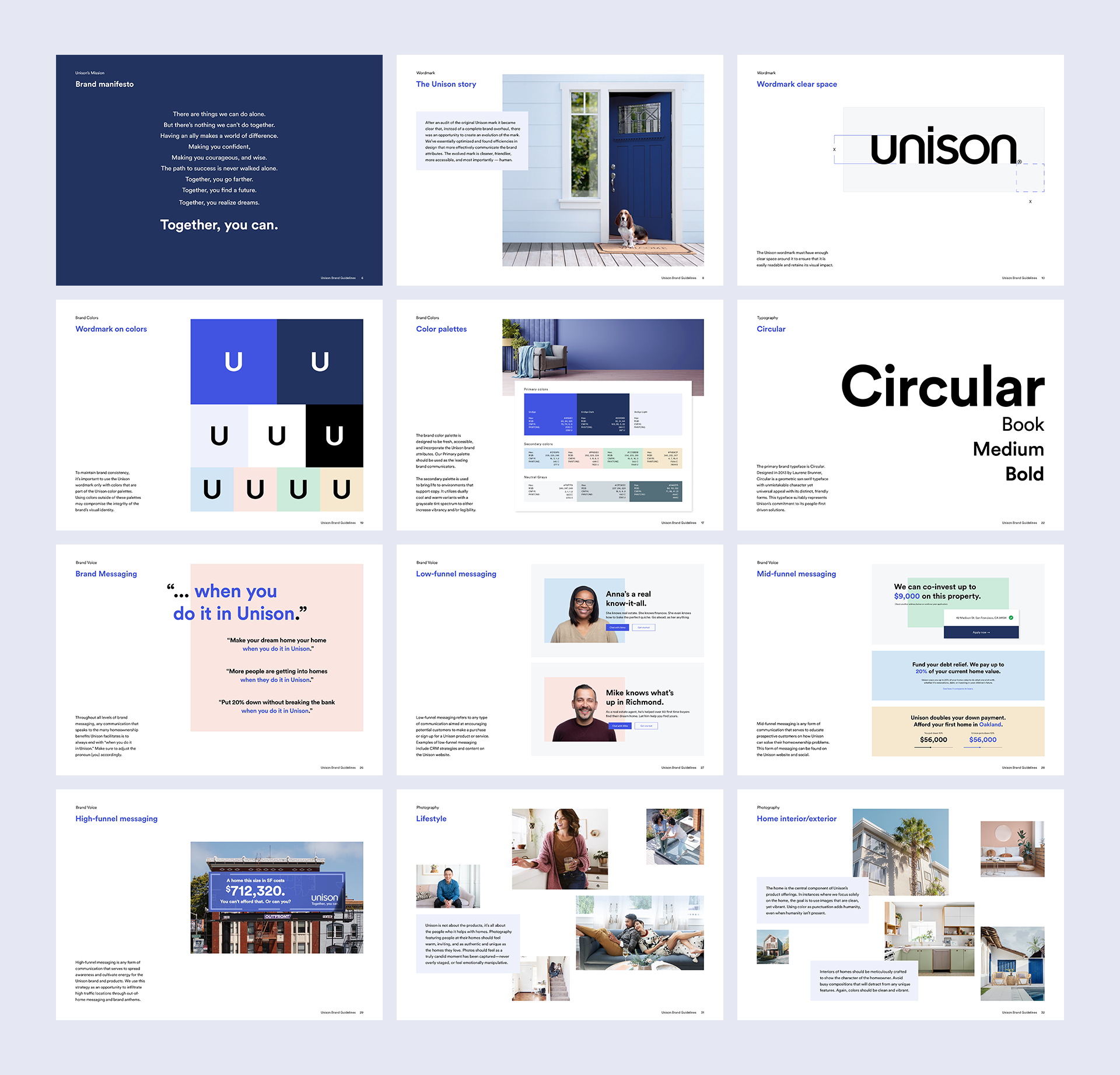 Unison brand guidelines document showing logo usage, typography, color palette, and visual identity standards