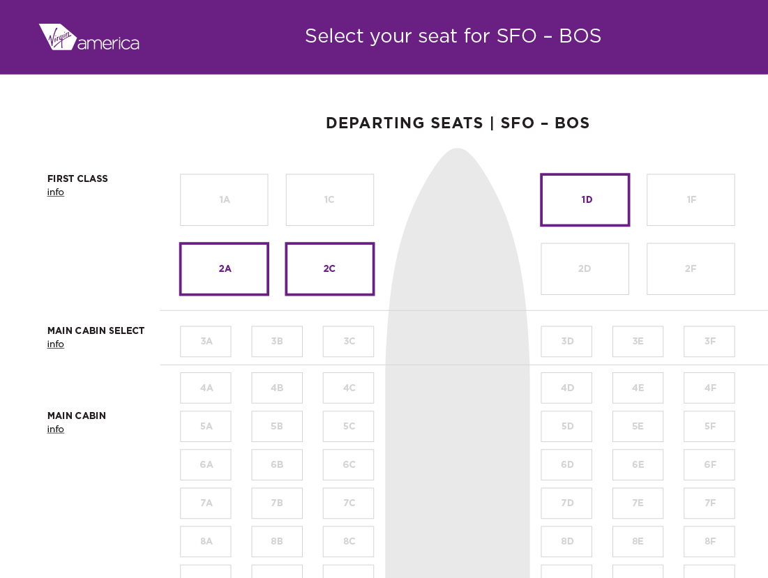Virgin America booking interface showing highlighted First Class seats that inspired the ‘Most Exclusive Seats in the Sky’ campaign